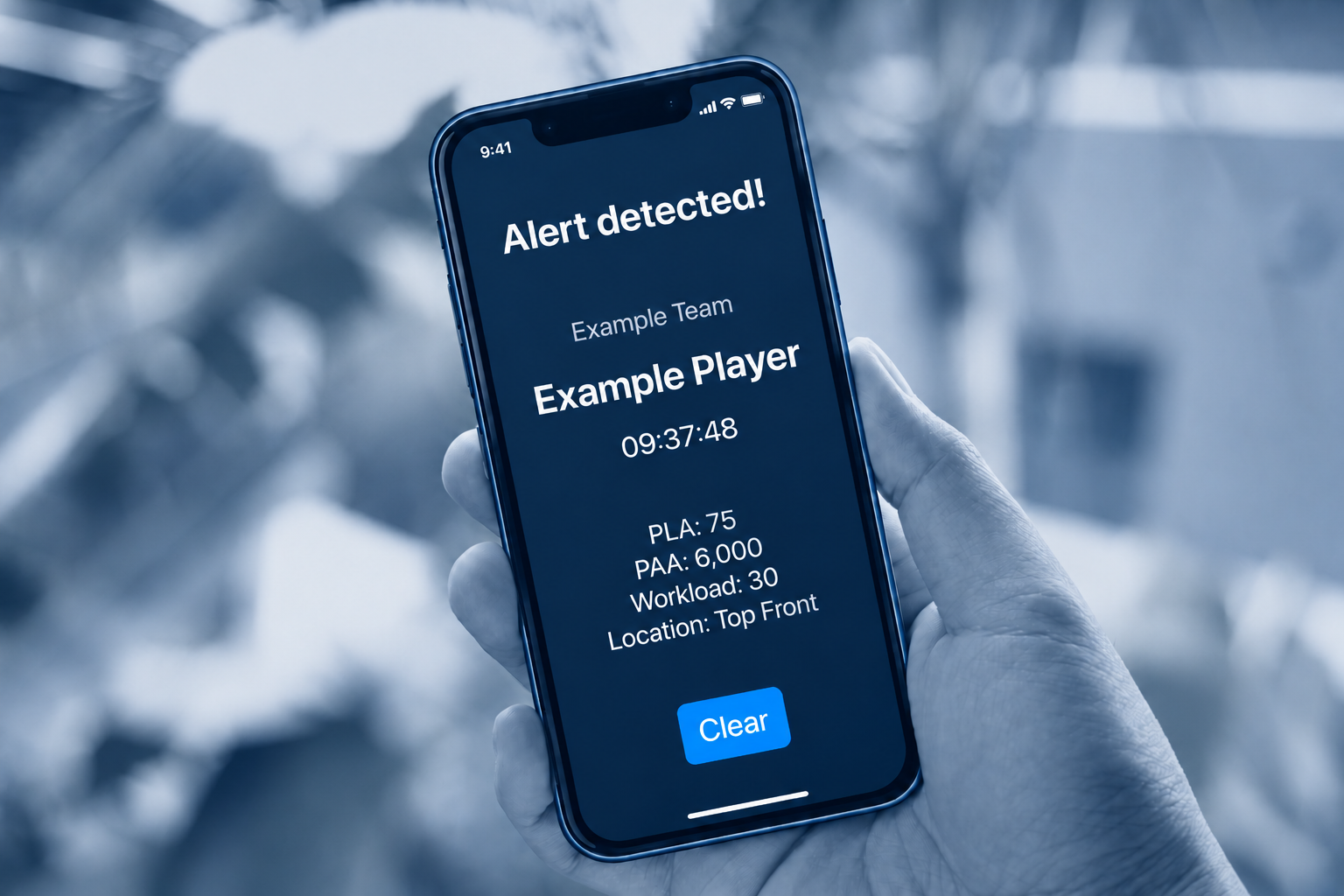 Phone showing a Prevent sideline app alert with PLA, PAA, Workload and impact location