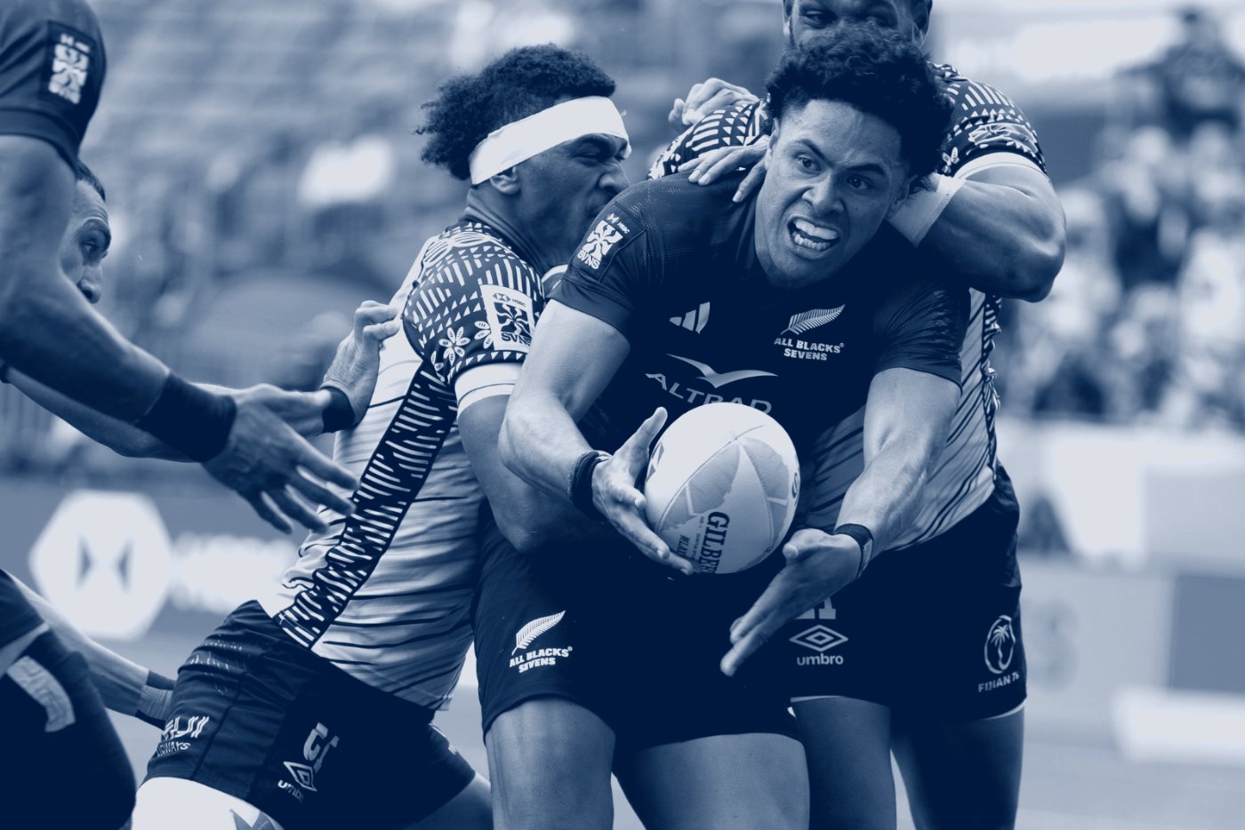 Sevens players colliding in a tackle at HSBC SVNS Los Angeles