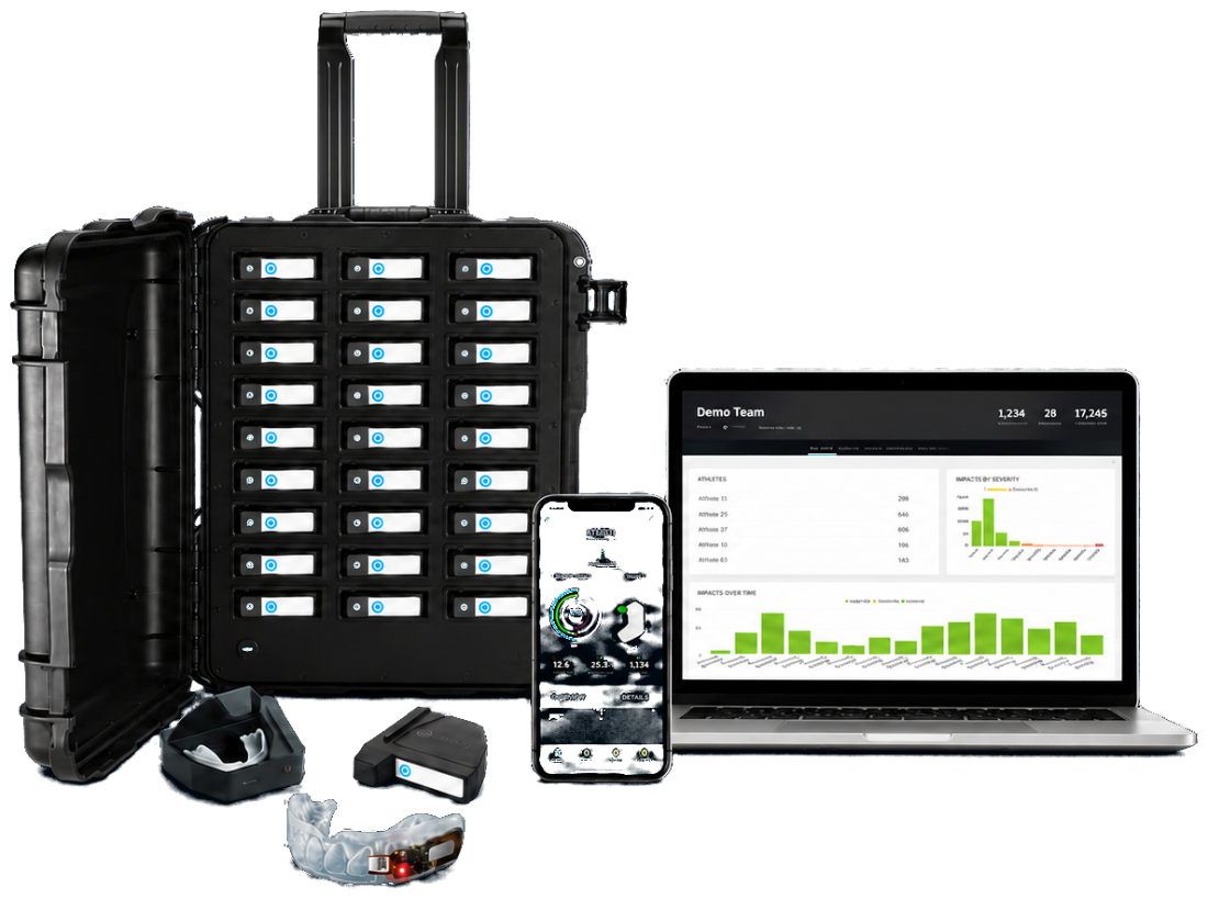 The complete Prevent system - team charging case, solo charging case, Smart Mouthguard (iMG), mobile app and web data portal