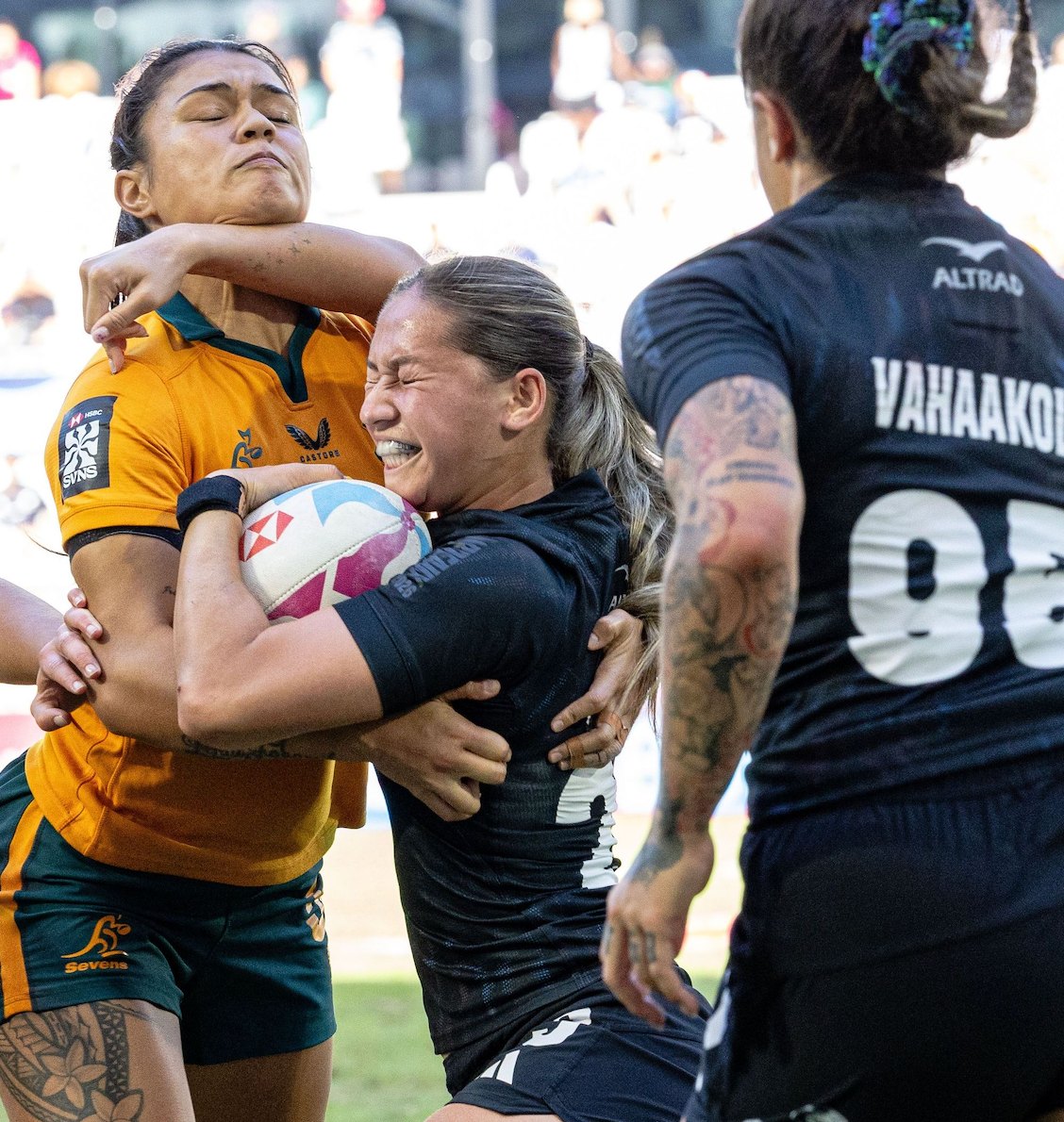 New Zealand and Australia contest a tackle at the HSBC SVNS Bordeaux Sevens